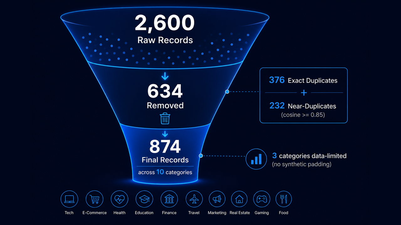 Data funnel: 2,600 raw records to 874 final after deduplication and category caps