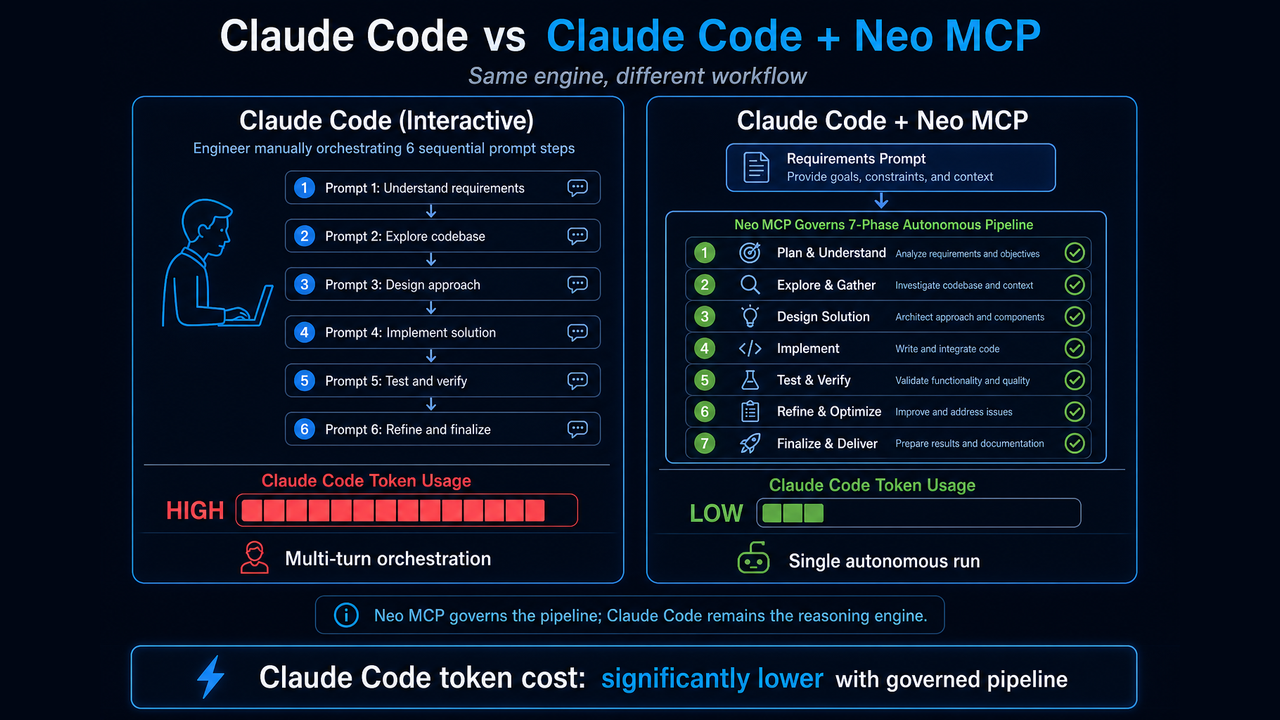 Claude Code token usage compared: interactive multi-turn orchestration versus Claude Code + Neo MCP single autonomous run