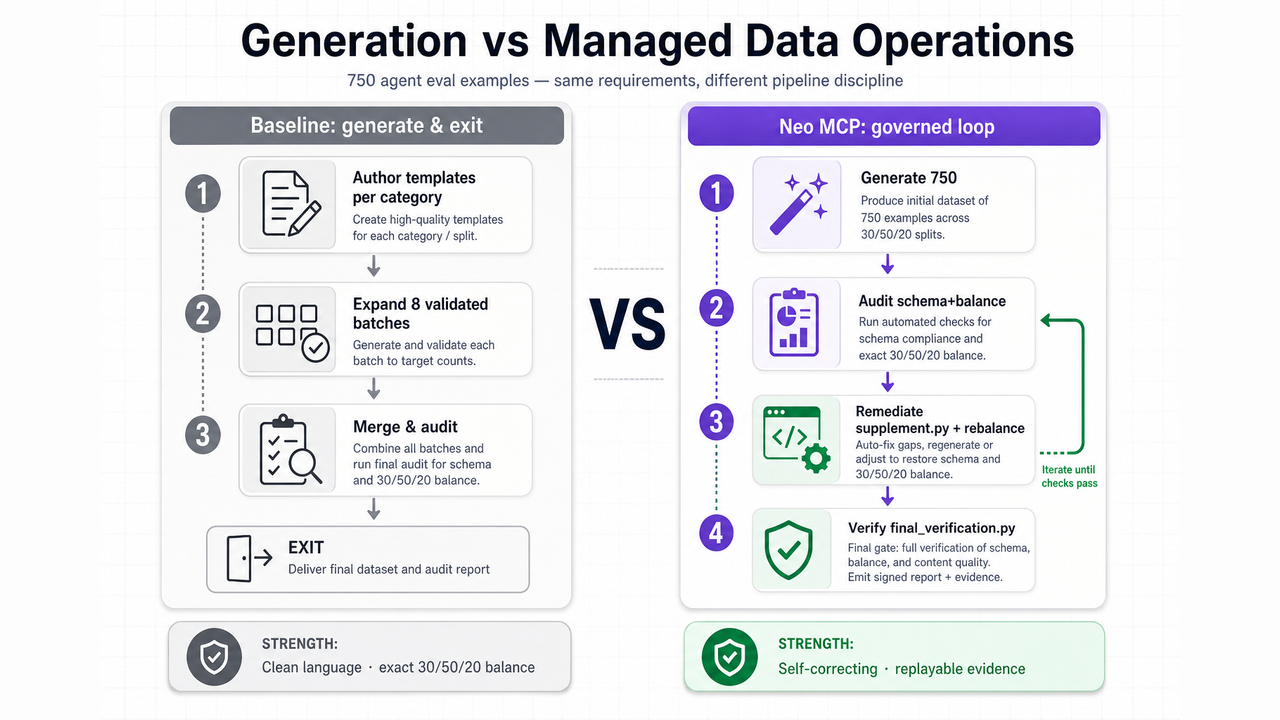 Generation versus management: one-shot script versus governed CI pipeline