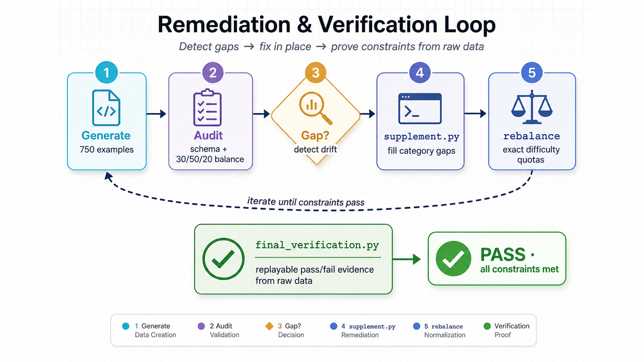 Remediation loop: generate, audit, supplement, rebalance, verify