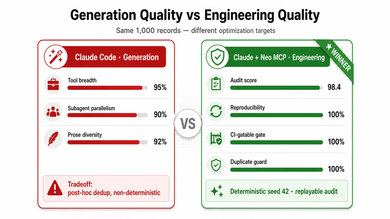 Benchmark overview: generation quality versus engineering quality across 1,000 records
