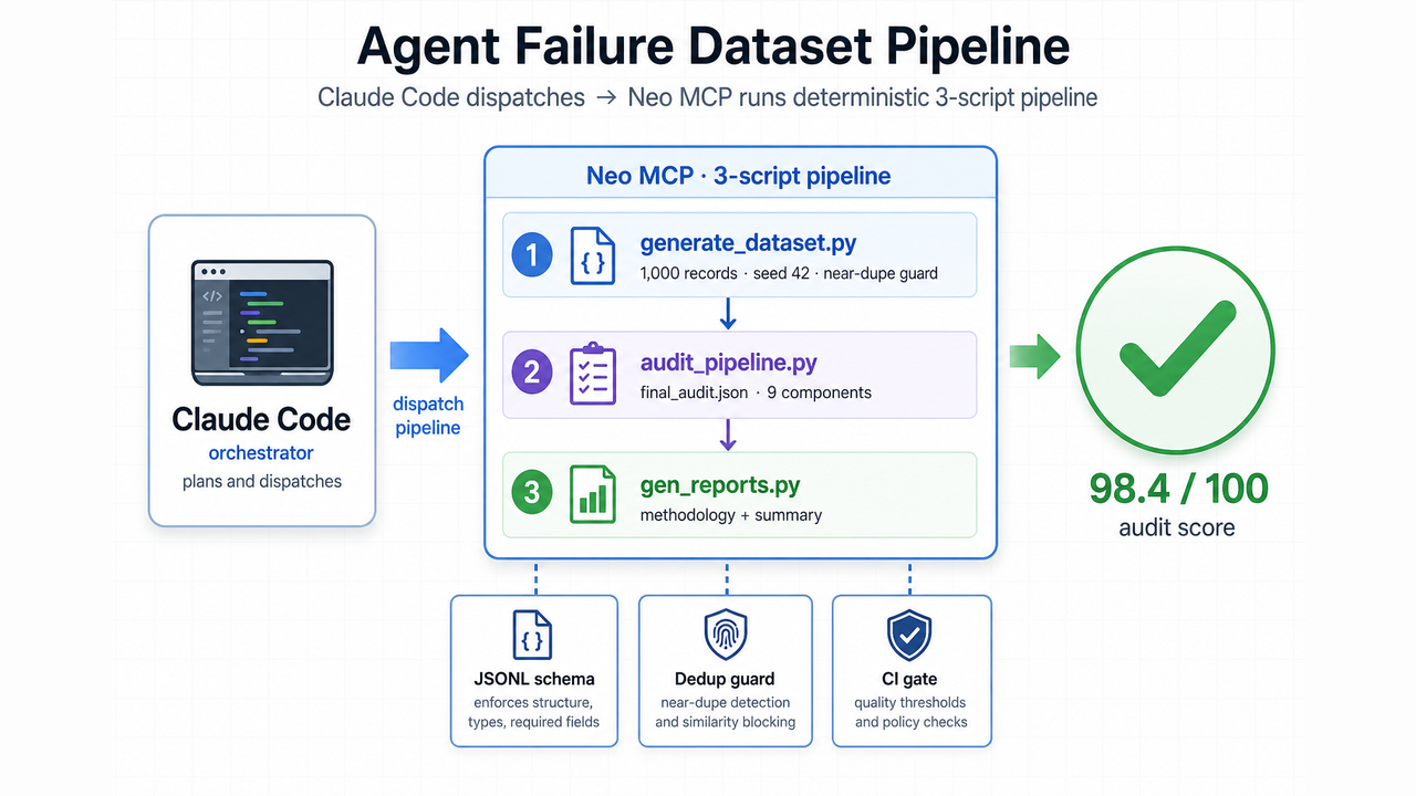 Agent failure dataset pipeline: Claude dispatches, Neo MCP runs generate, audit, and report scripts
